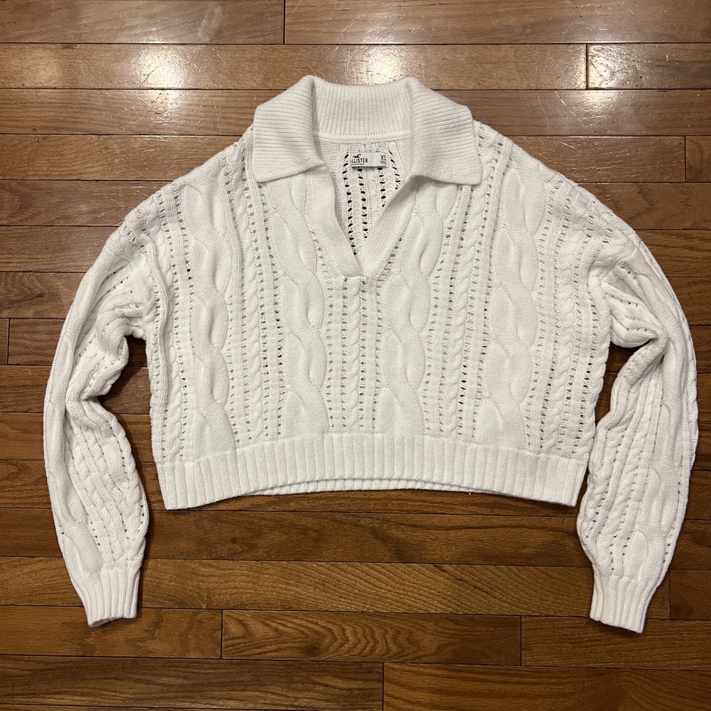 Hollister Cropped Cable Knit Sweater Womens XS White Collared Preppy